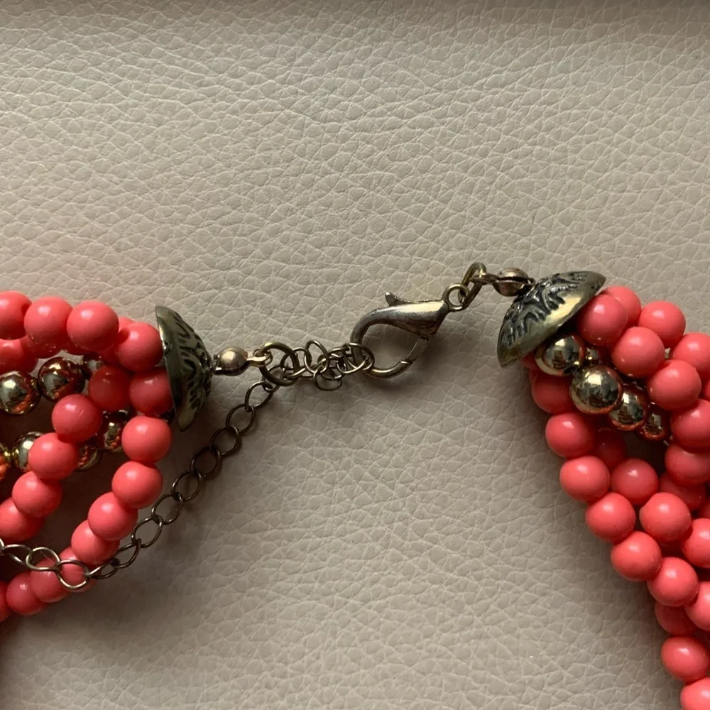Coral Pink & Gold Braided Bead Statement Necklace